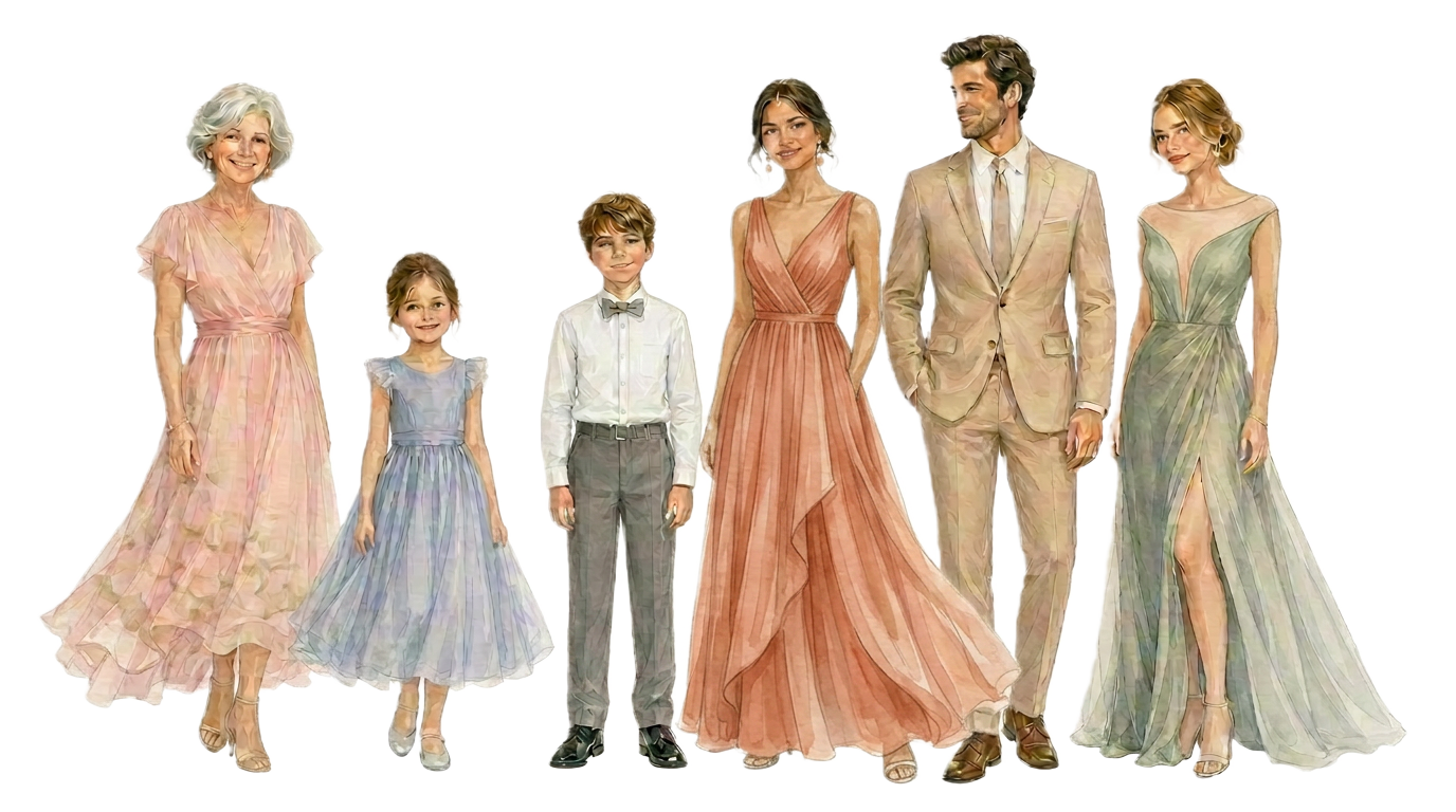 Ilustração em aquarela com sugestões de trajes para o dress code passeio completo